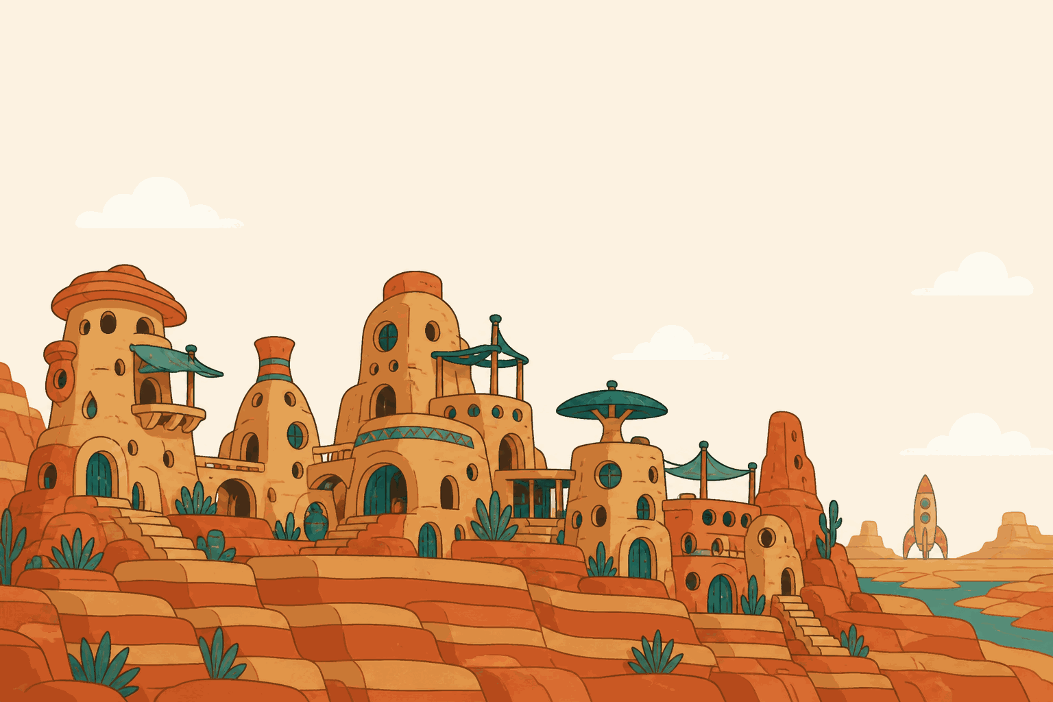 Cartoon town built on layered bedrock